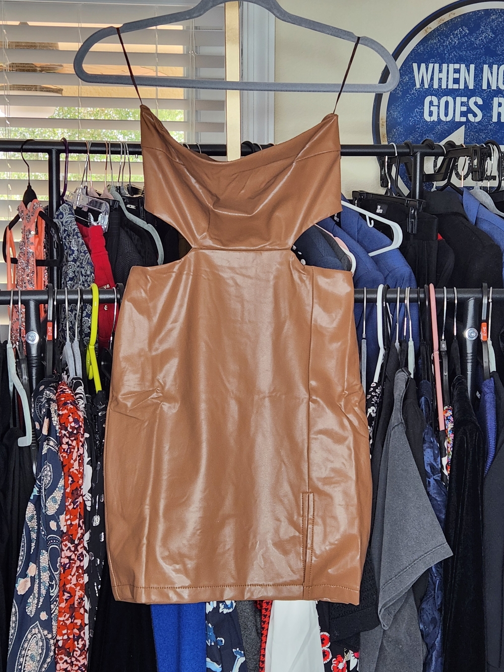 Faux Leather Cutout Mini Dress - Caramel